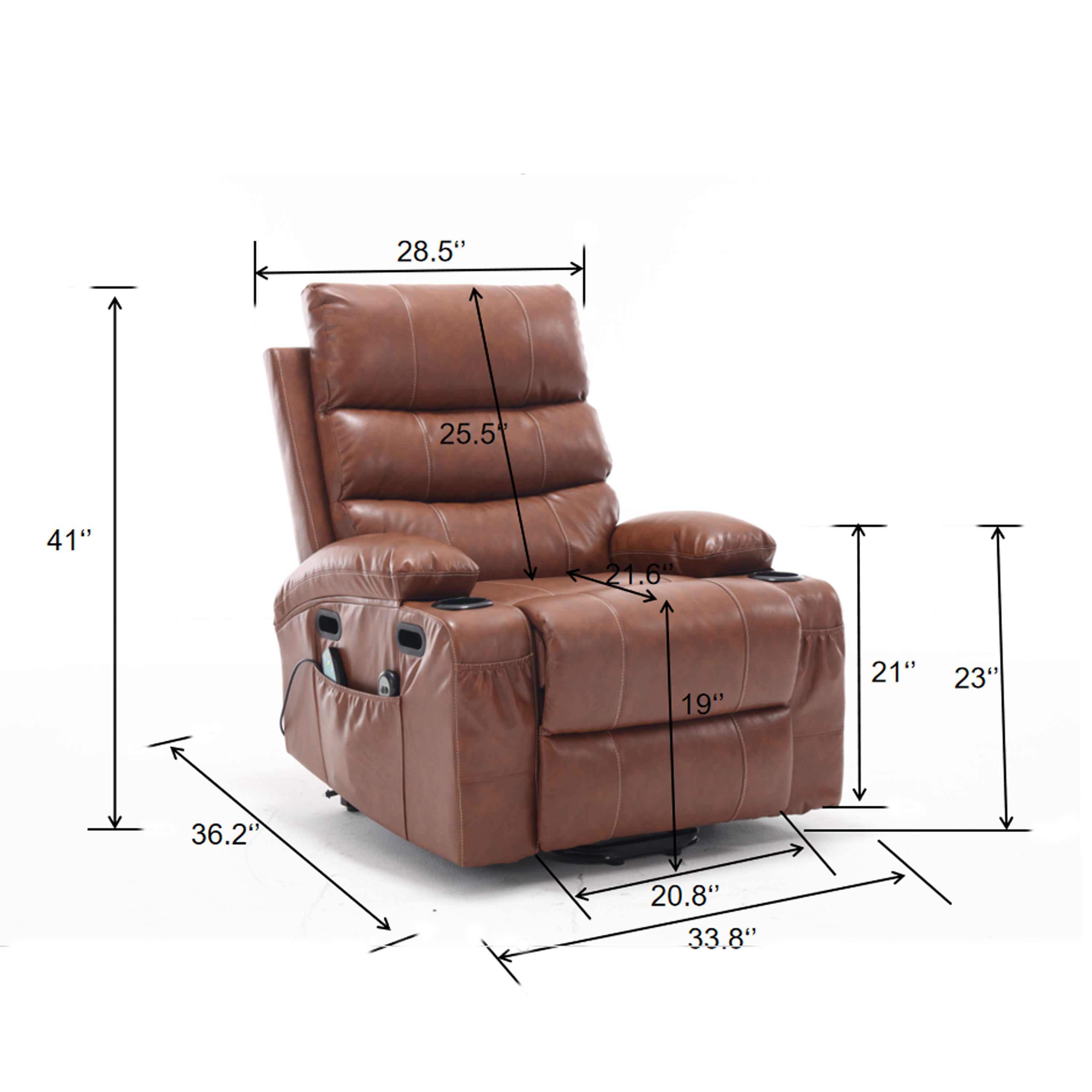 Overstuffed Large Power Lift Recliner with Massage and Heat, Brown, specifications seated