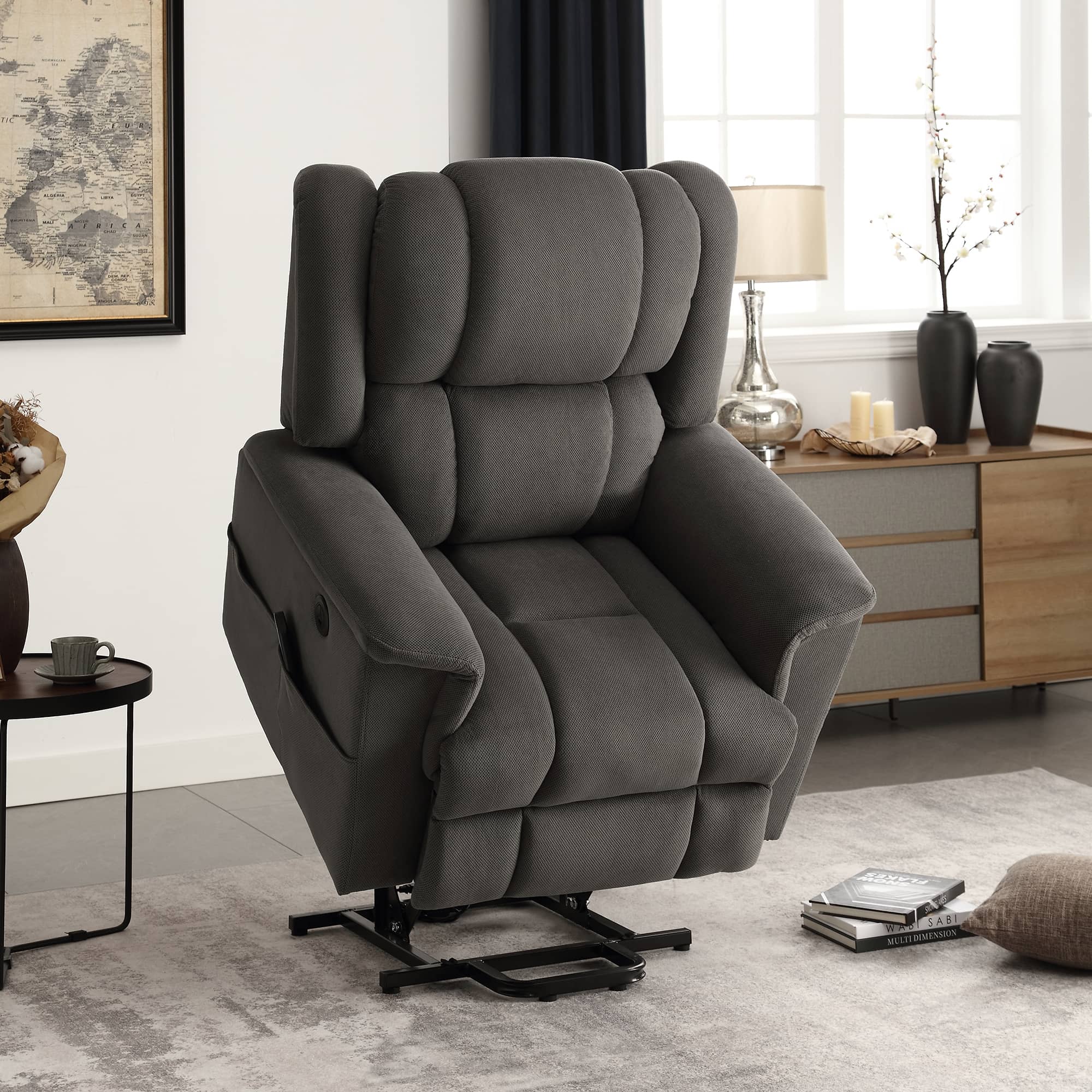 Infinite Position Power Lift Recliner with Heat and Massage, Dark Gray, raised, room view