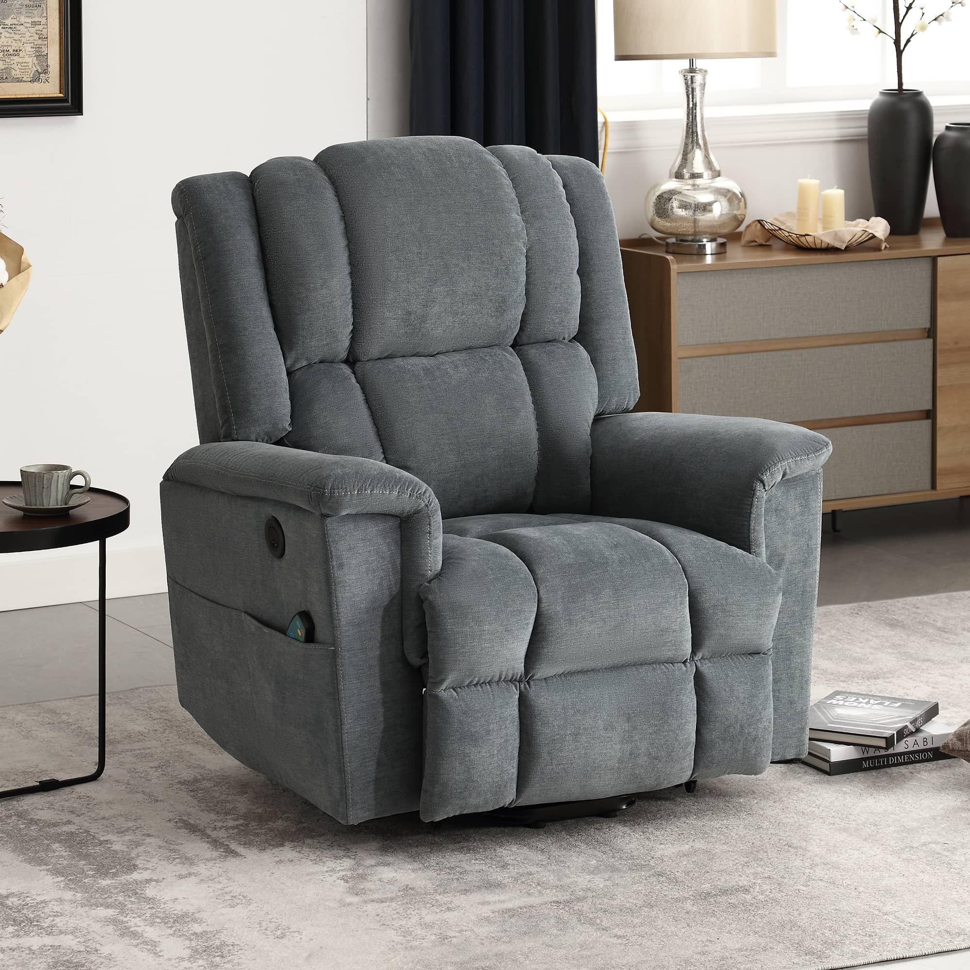 Infinite Position Power Lift Recliner with Heat and Massage, Gray, seated angle view