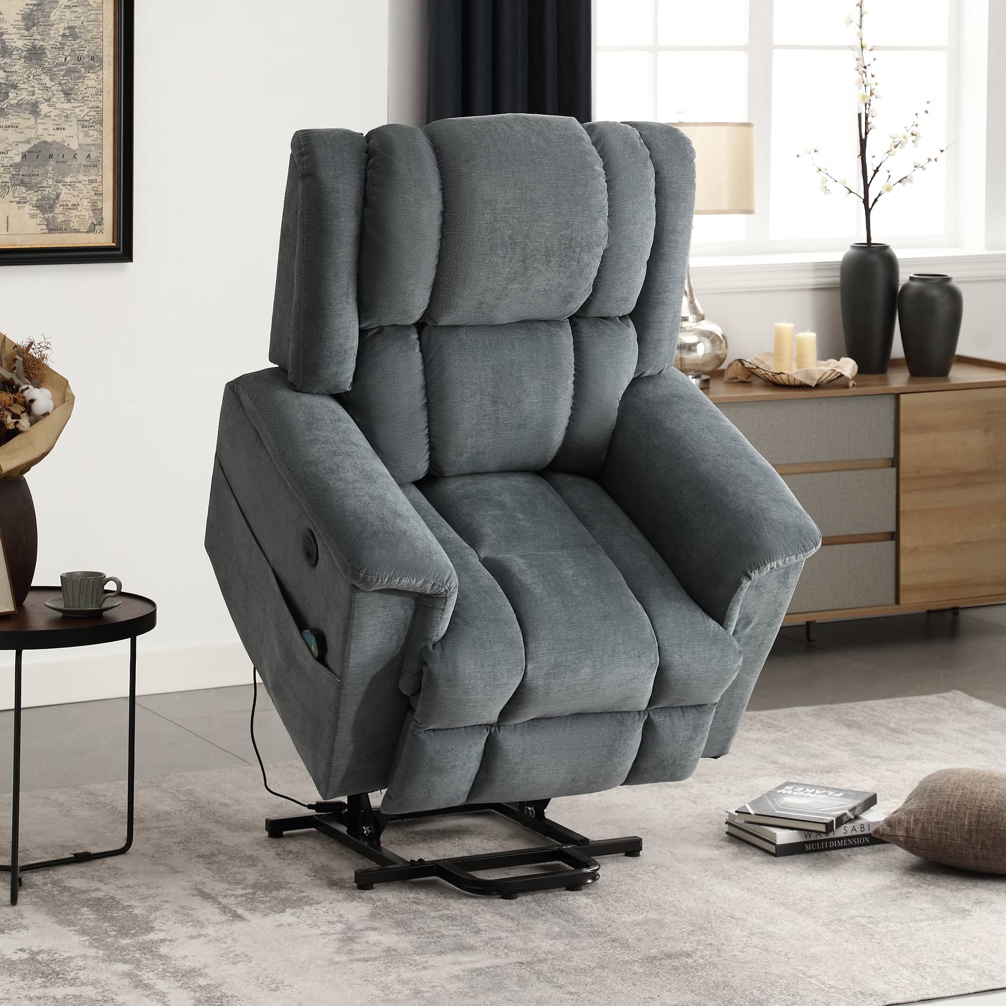 Infinite Position Power Lift Recliner with Heat and Massage, Gray, lifted room viewy