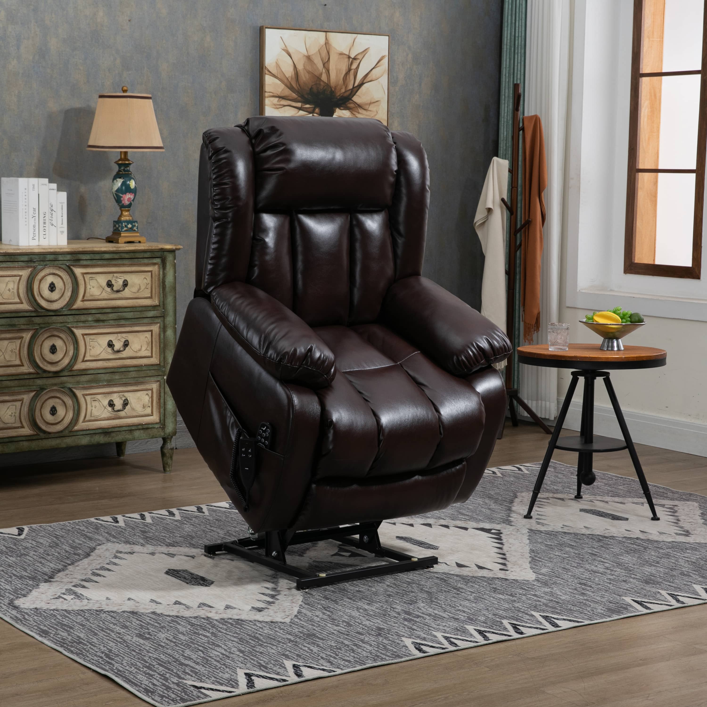 Medium Size Infinite Position Brown Power Lift Recliner Chair with Massage and Heat