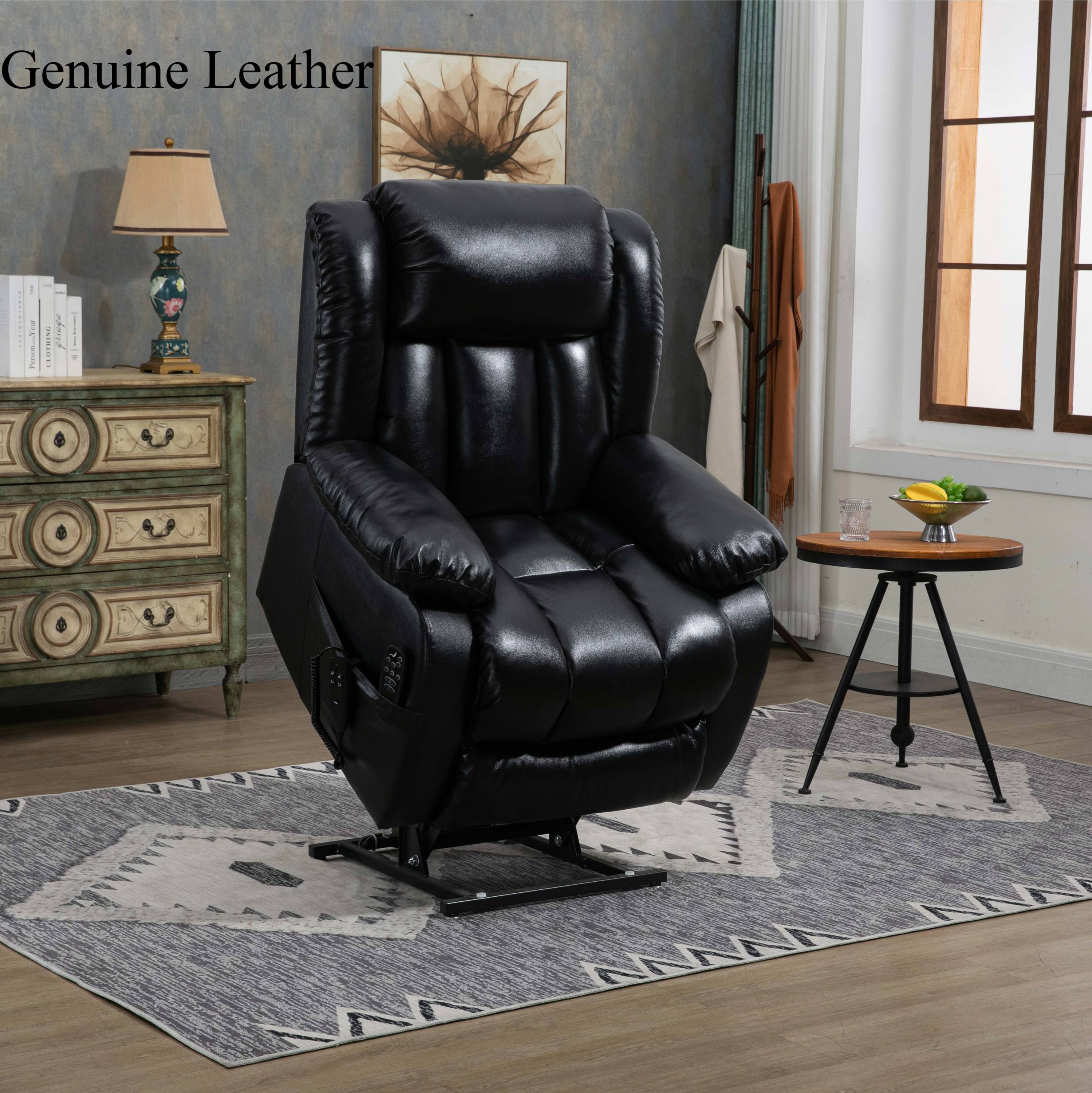 Medium Size Infinite Position Black Leather Power Lift Recliner Chair with Massage and Heat