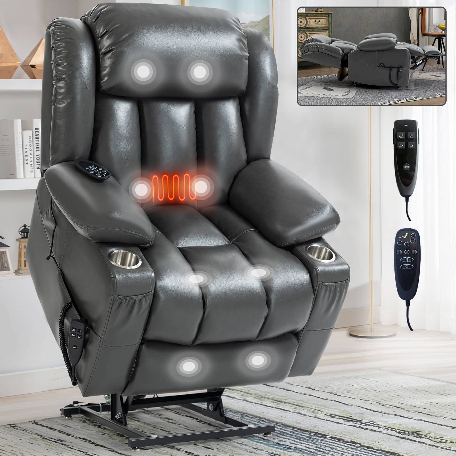 Grey Leatheraire Power Lift Recliner Chair, Heat and Massage