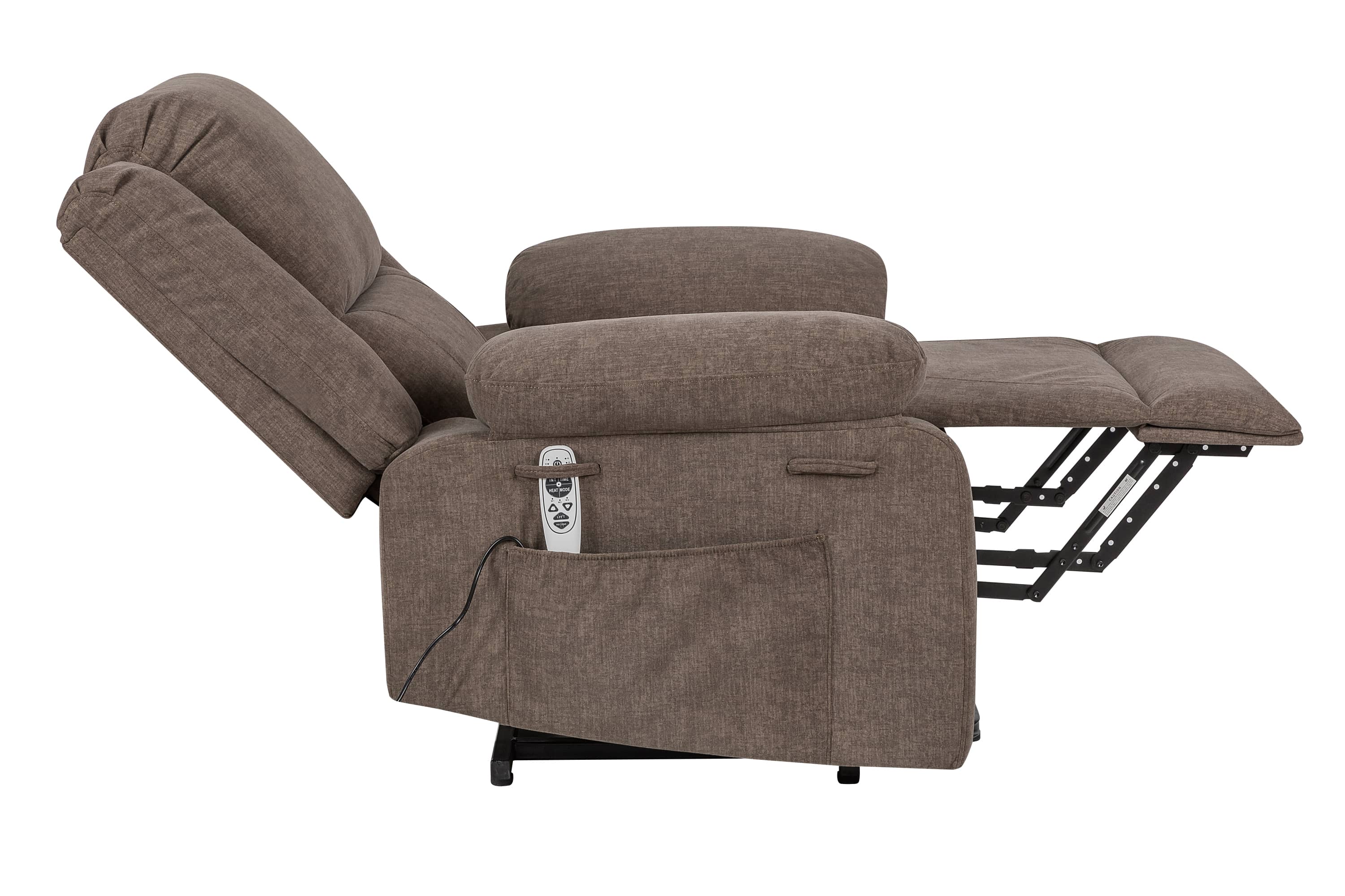 Power Lift Recliner Chair With Massage and Lumbar Heat, Brown, reclined