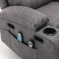 Overstuffed Large Power Lift Recliner with Massage and Heat, Gray, side pocket and remotes