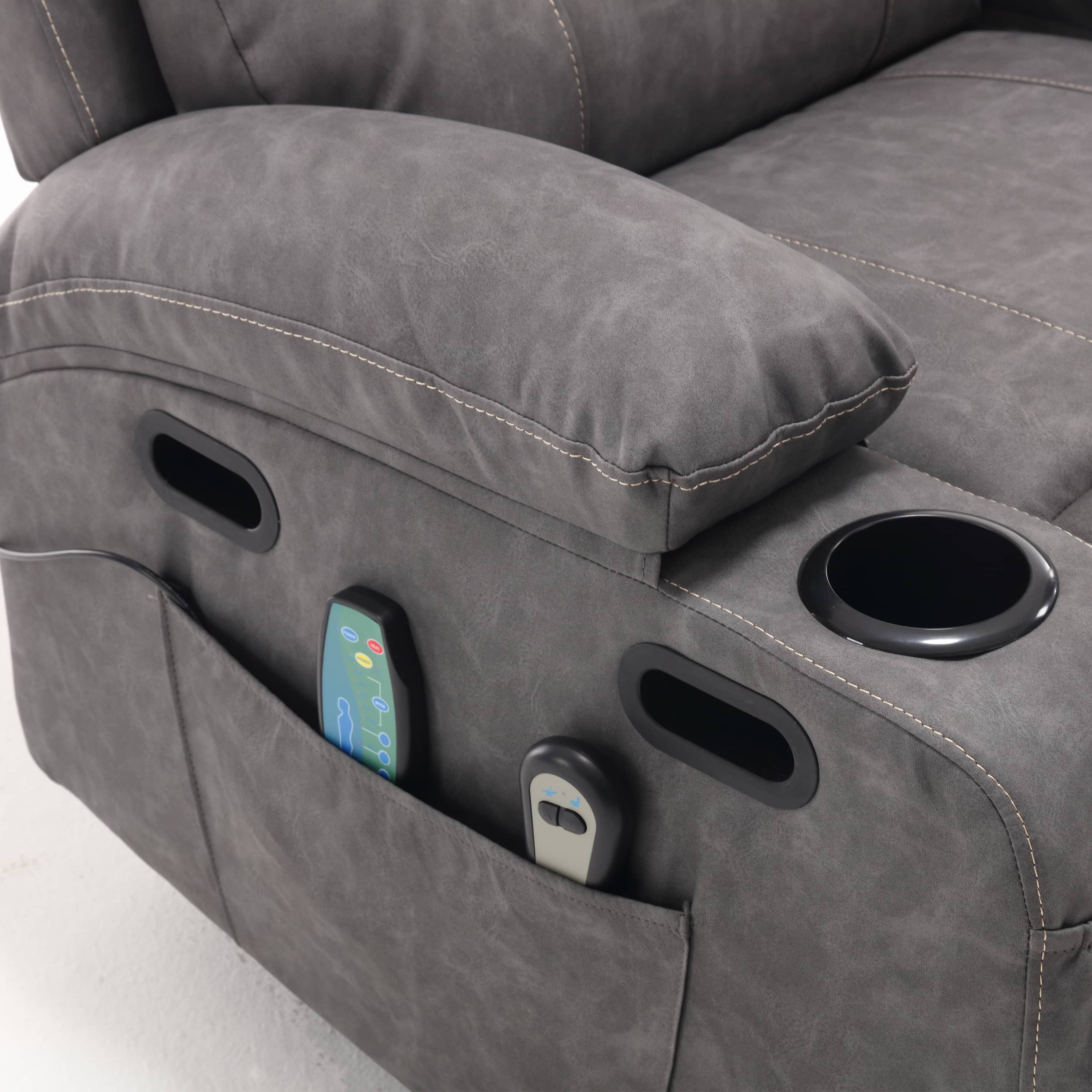 Overstuffed Large Power Lift Recliner with Massage and Heat, Gray, side pocket and remotes