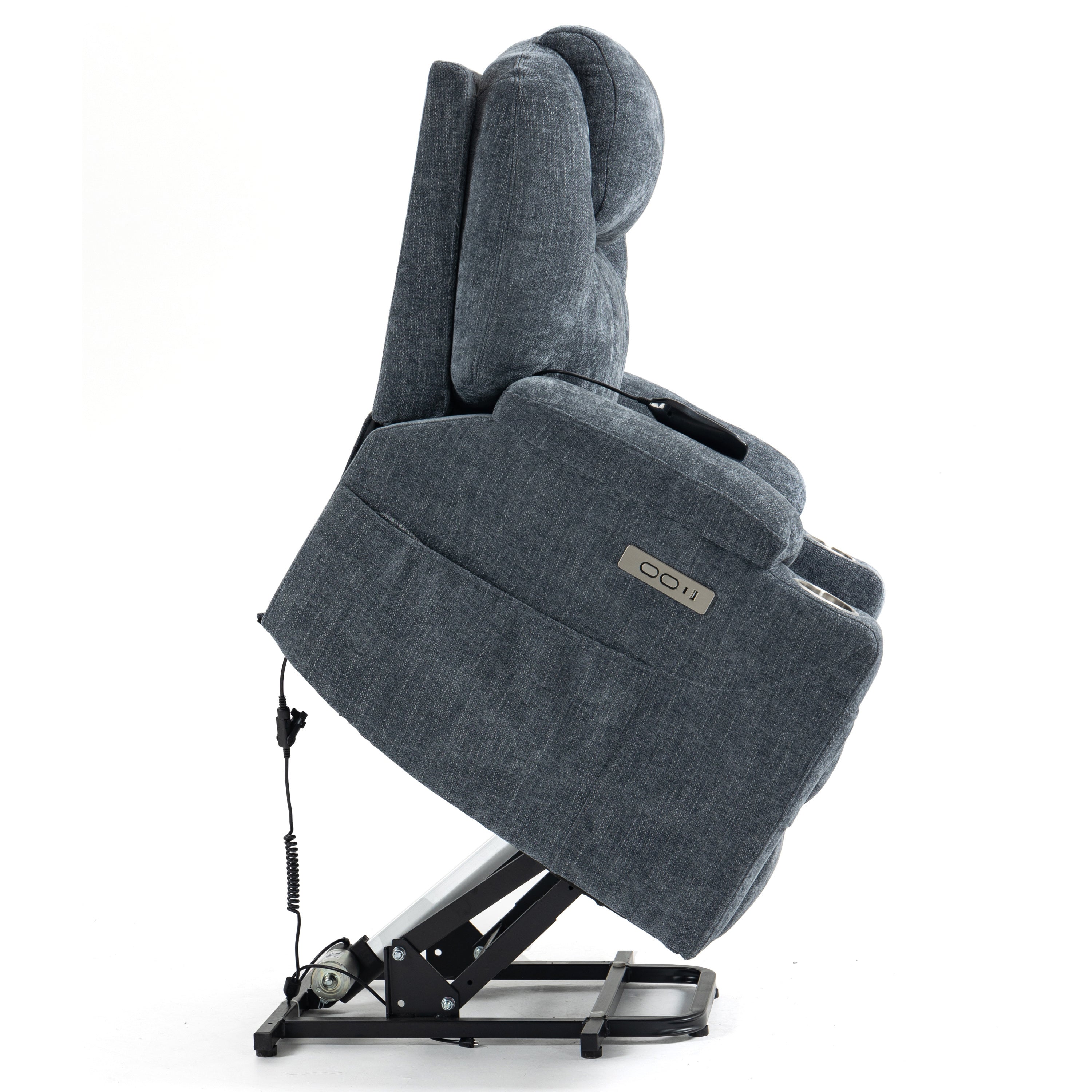 Blue Chenille Power Lift Recliner Chair, lifted side view