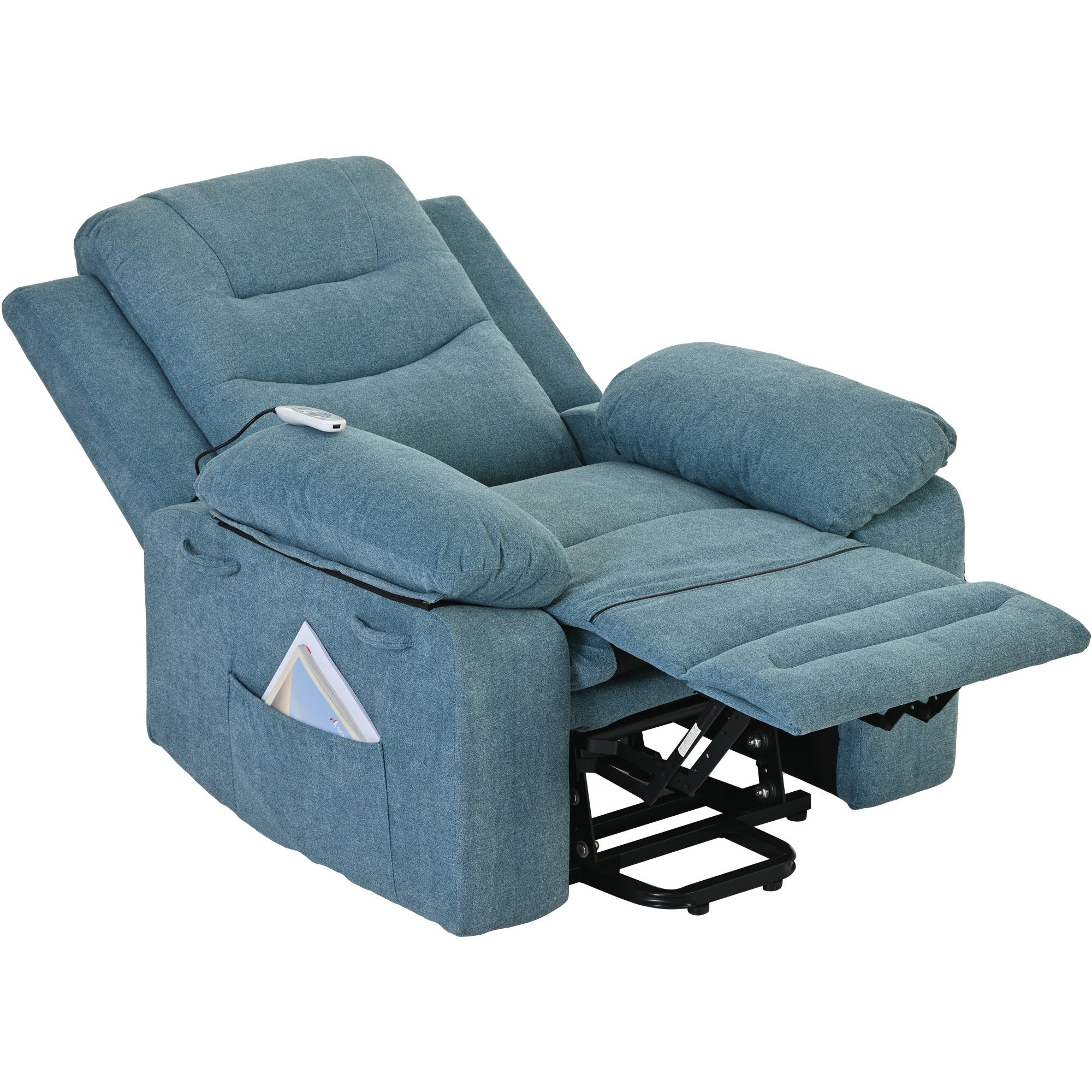 Blue Power Lift Chair 45 Degree Angle with headrest and footrest extended