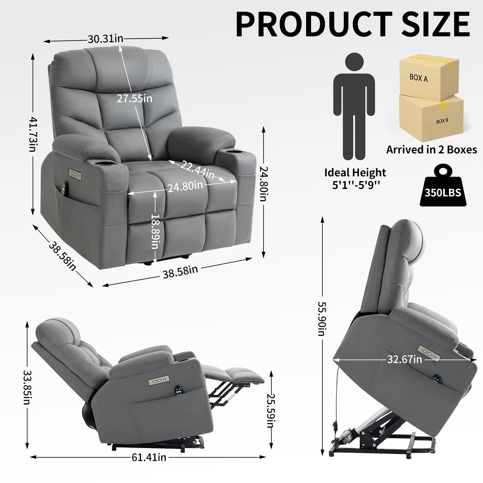 Grey Power Lift Recliner Chair with Vibration Massage and Lumbar Heat