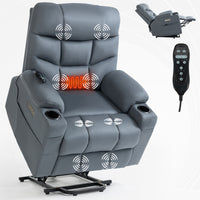 Blue Power Lift Recliner Chair with Vibration Massage and Lumbar Heat, lifted with remote and massage points
