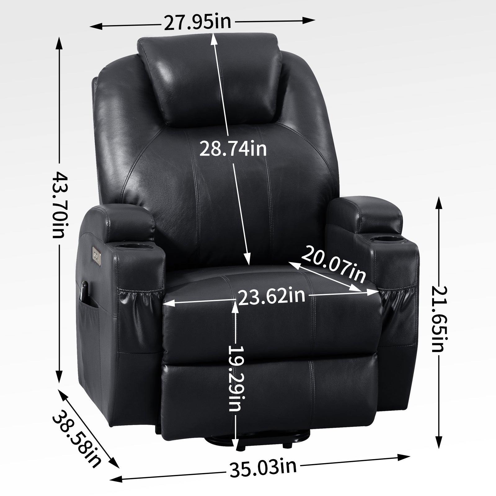 Power Lift Recliner Chair with Massage and Lumbar Heating, Black, dimensions