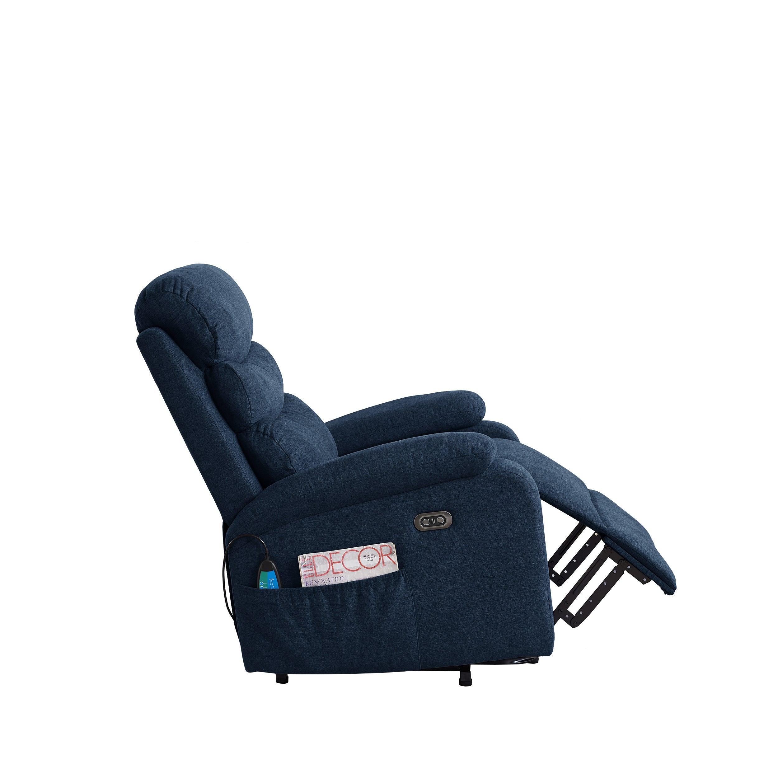 Power Lift Recliner Chair with Massage, Blue, partially reclined side view