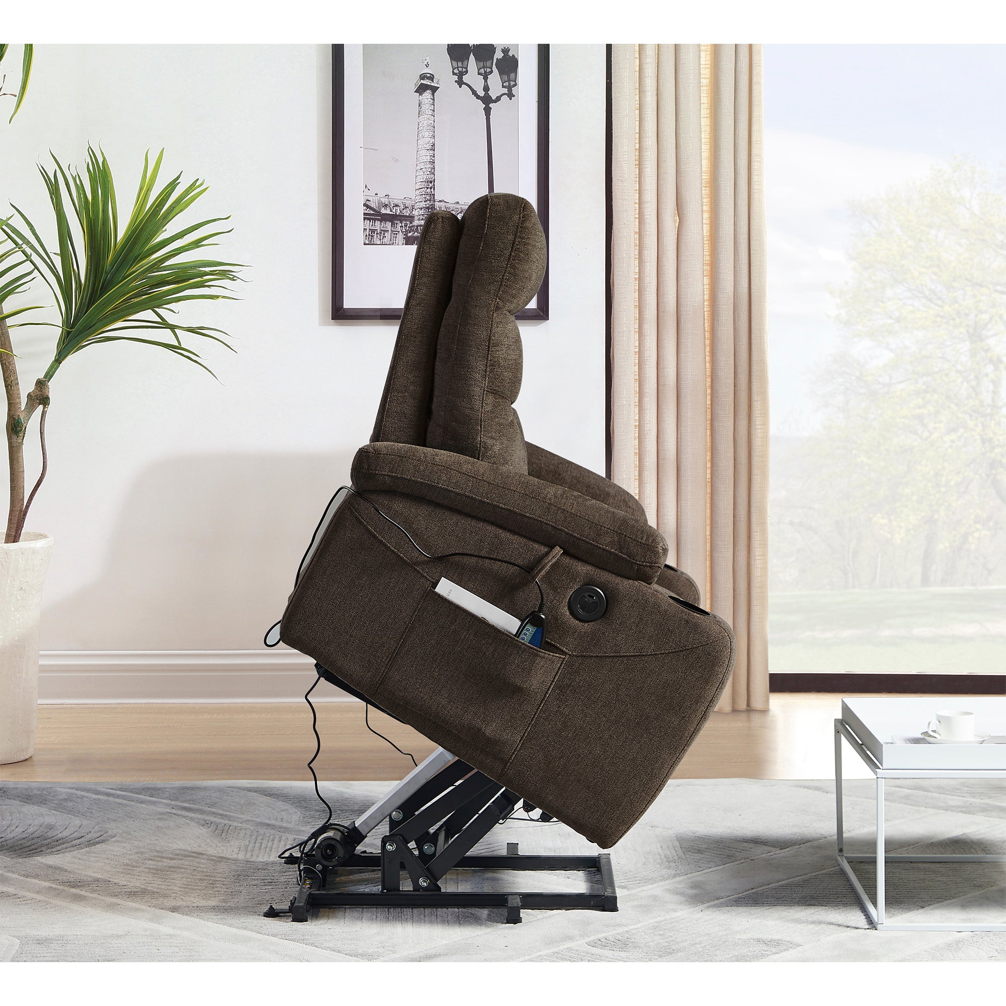 Dark Brown Power Lift Chair Right Side Profile with Lift Extended