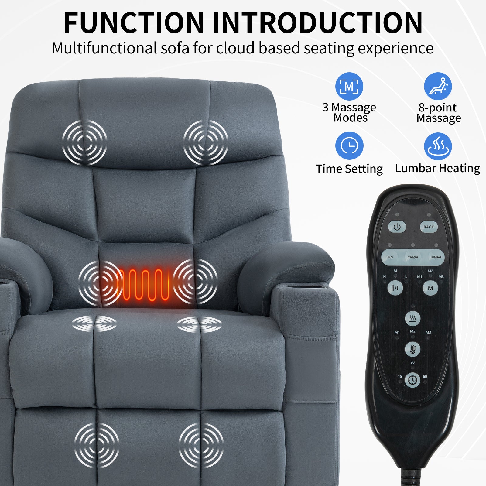 Blue Power Lift Recliner Chair with Vibration Massage and Lumbar Heat, massage functions