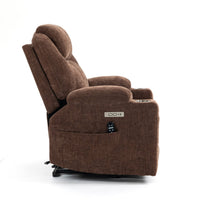 Brown Chenille Power Lift Recliner Chair, side view seated