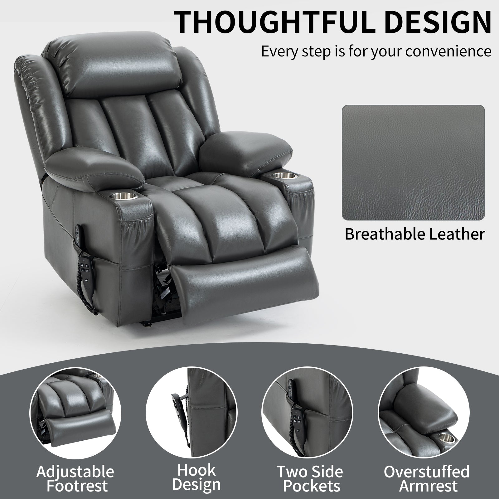 Grey Leatheraire Power Lift Recliner Chair, design features