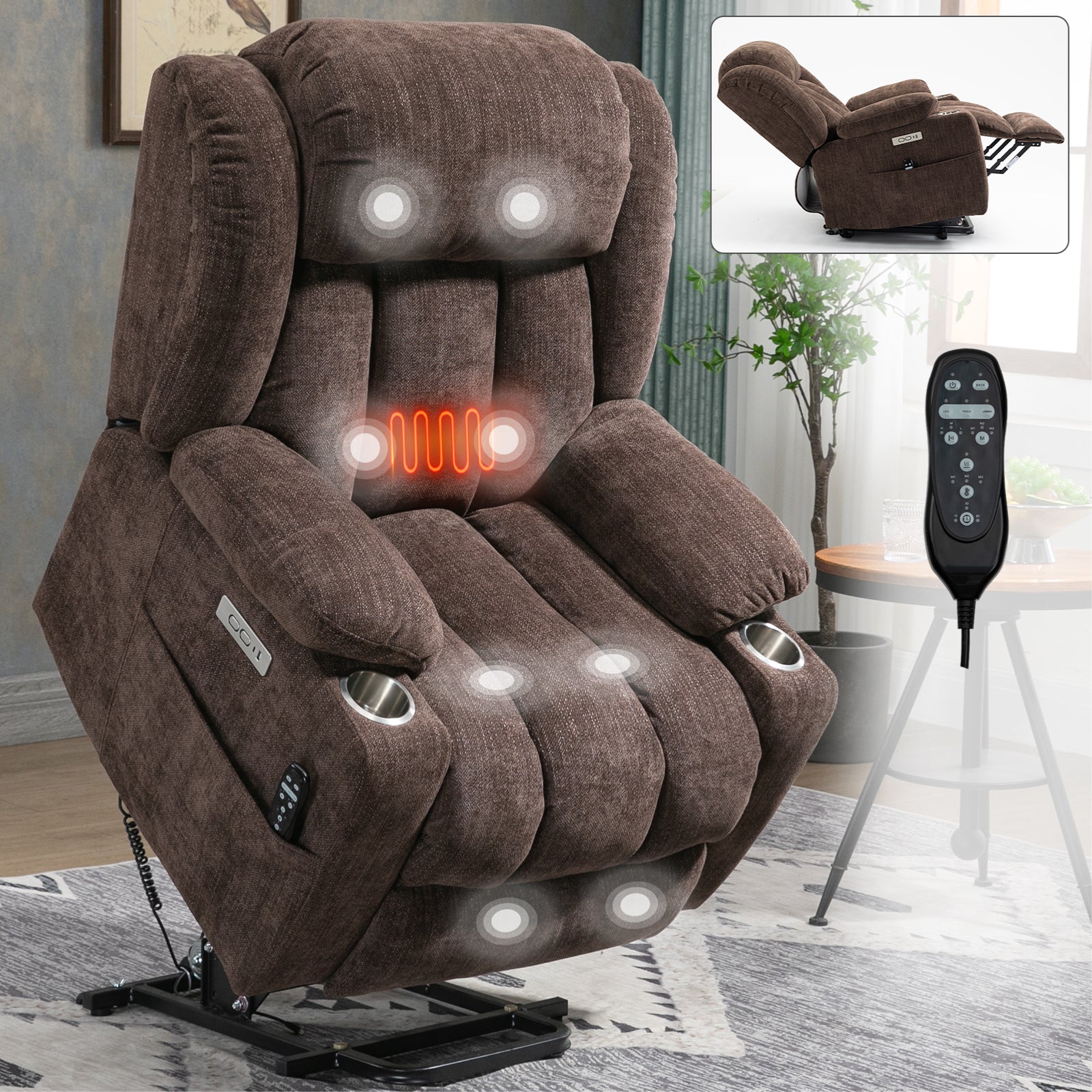 Brown Chenille Power Lift Recliner Chair, Heavy Duty Motion Mechanism with 8-Point Vibration Massage and Lumbar Heating, USB and Type-C Ports, Stainless Steel Cup Holders