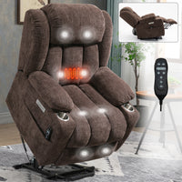 Brown Chenille Power Lift Recliner Chair, Heavy Duty Motion Mechanism with 8-Point Vibration Massage and Lumbar Heating, USB and Type-C Ports, Stainless Steel Cup Holders