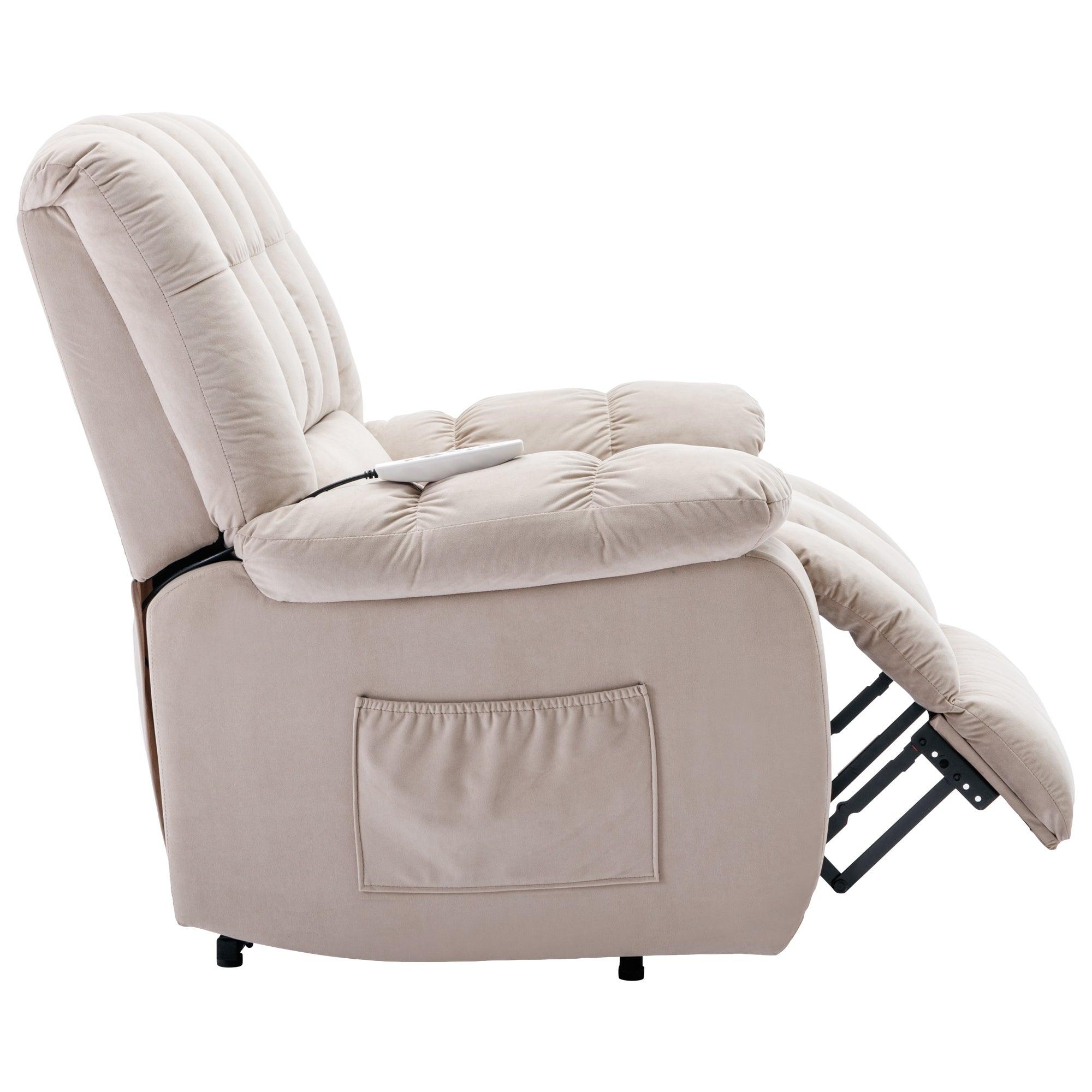 Beige Massage Lift Chair Recliner, side view with footrest extending