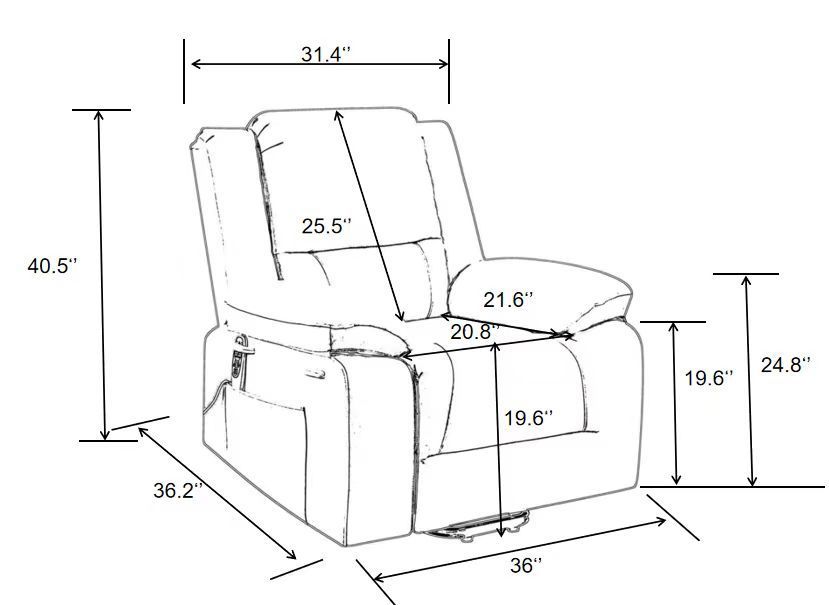 Power Lift Recliner Chair With Massage and Lumbar Heat, Brown, dimensions when seated