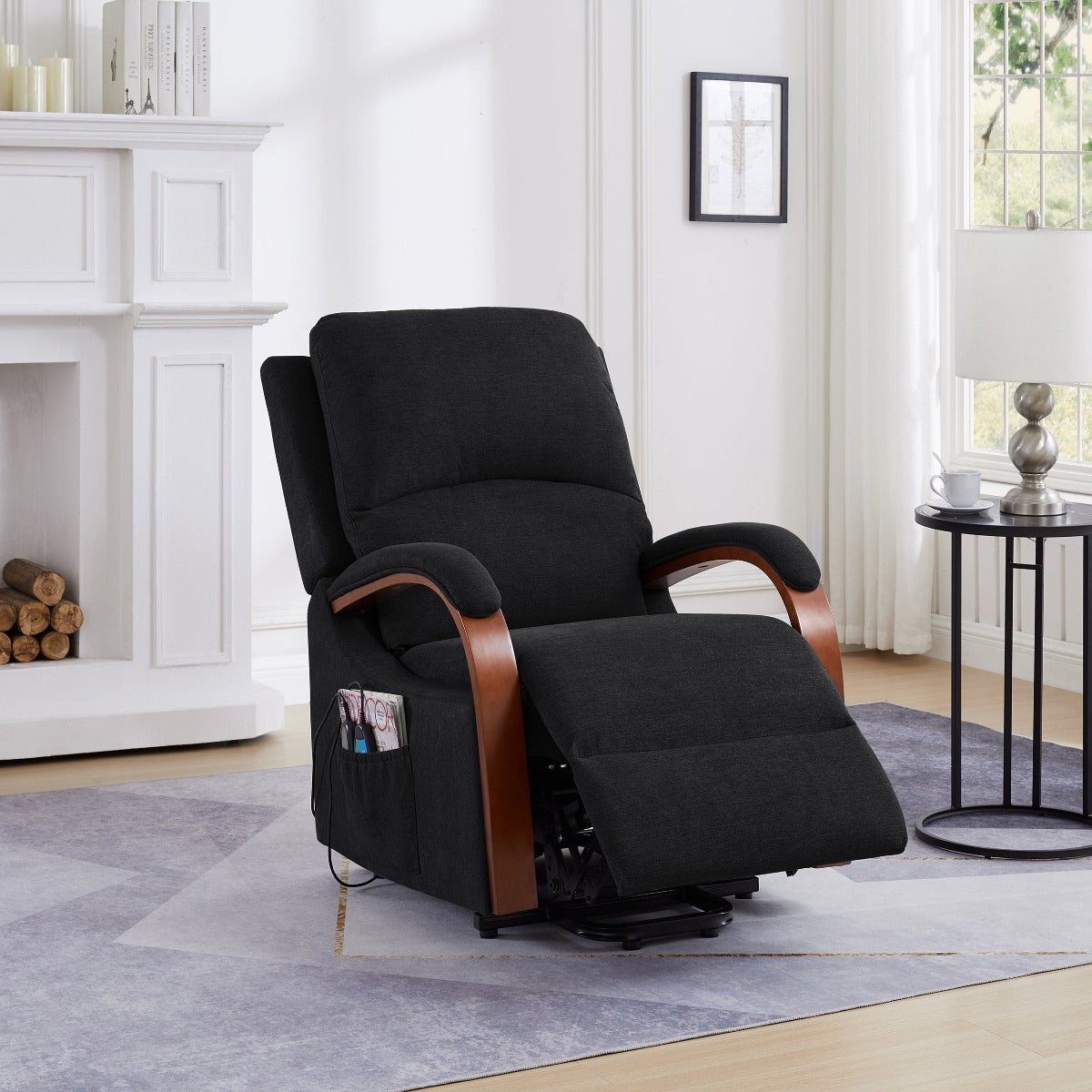 Power Lift Recliner Message Chair Soft Charcoal colored Fabric foot raised slightly