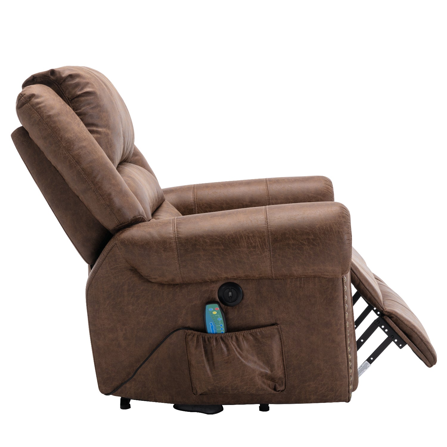 Nut Brown Power Lift Recliner Chair with Massage and Heat, side view, slightly reclined