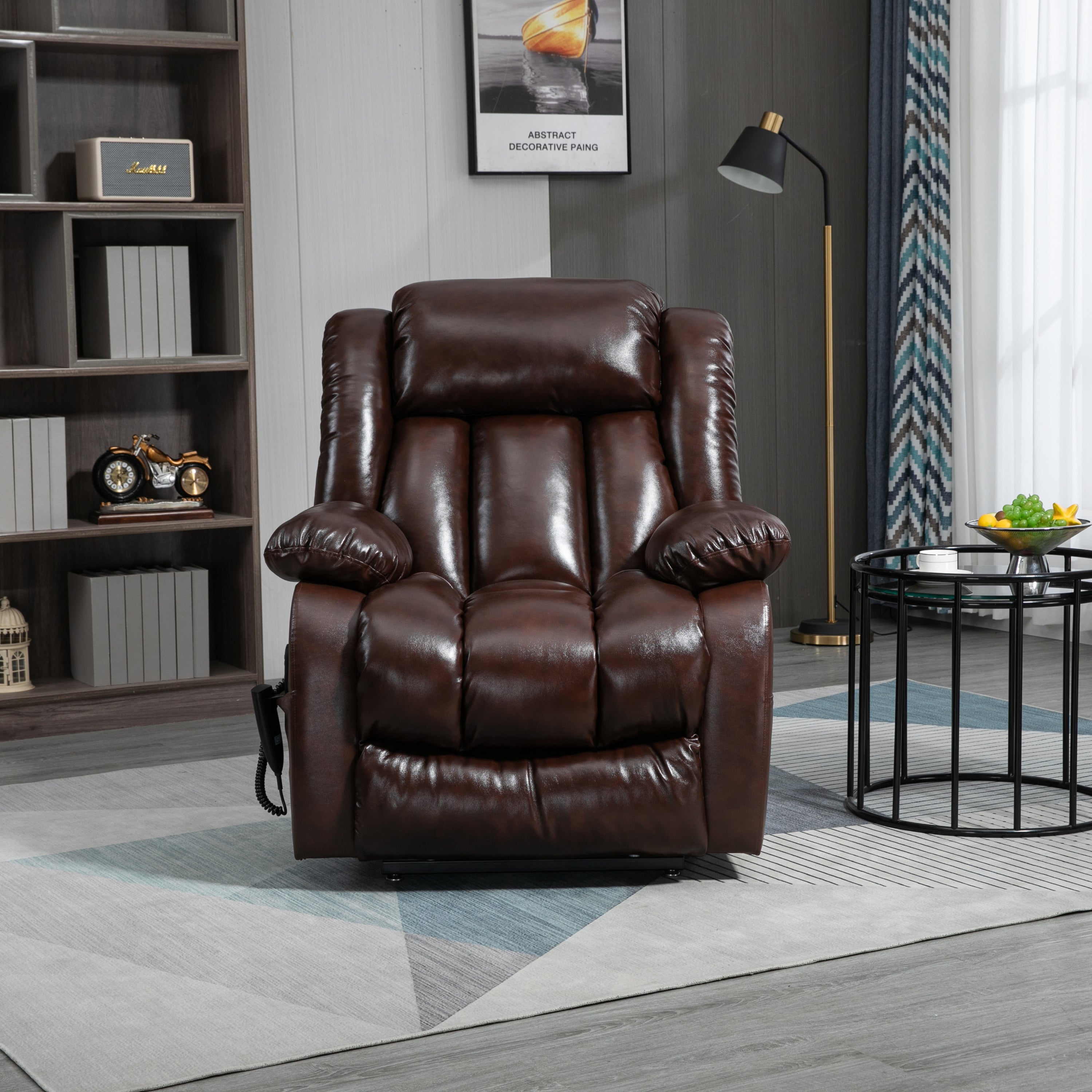 Medium Size Infinite Position Brown Leather Power Lift Recliner Chair with Massage and Heat