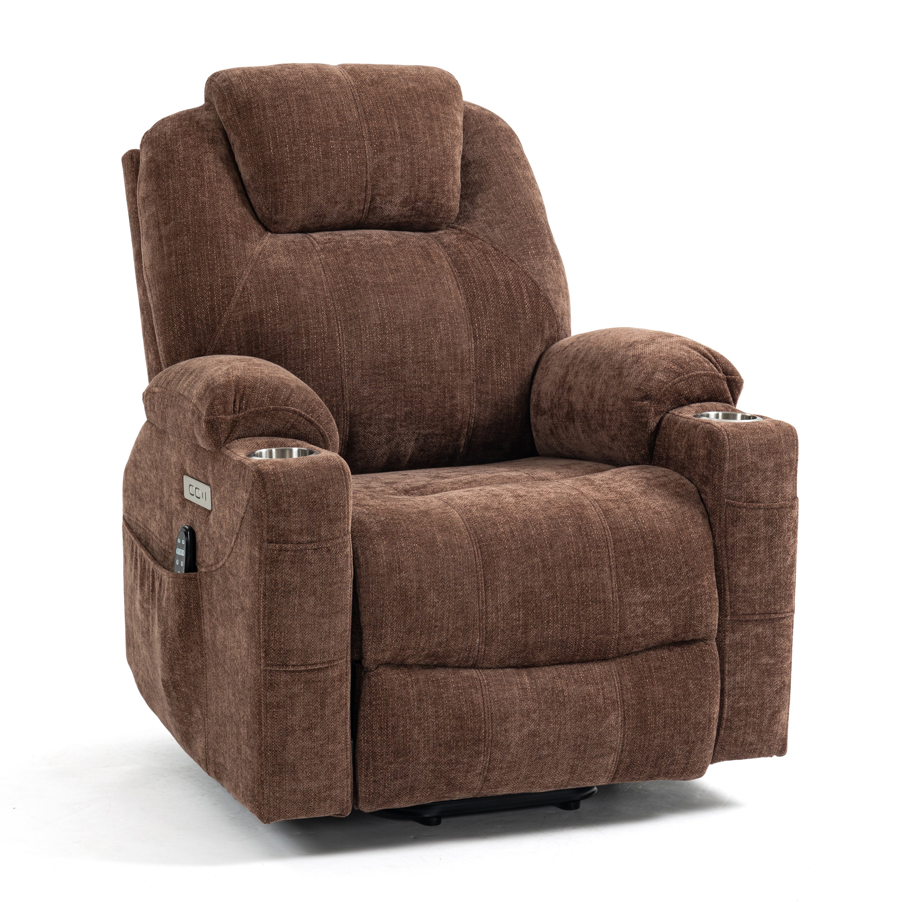 Brown Chenille Power Lift Recliner Chair, angle view seated