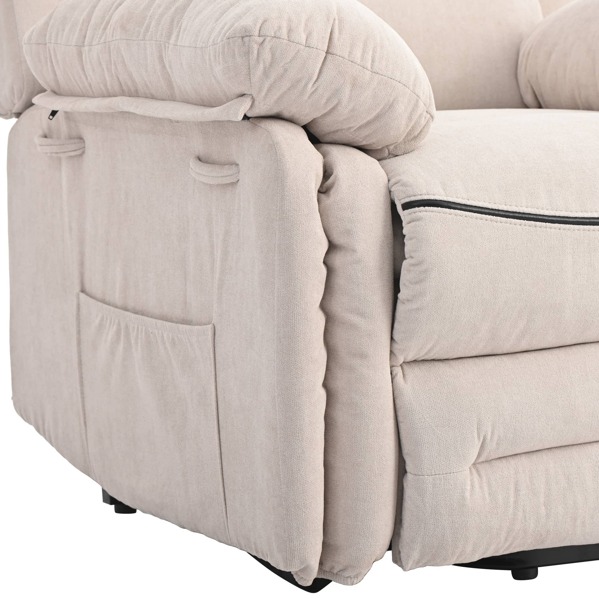 Beige Power Lift Chair Right Side Front Profile Footrest Closeup