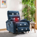 Blue Power Lift Chair Front Side Profile with Headrest and Footrest Raised Slightly and Massage Feature