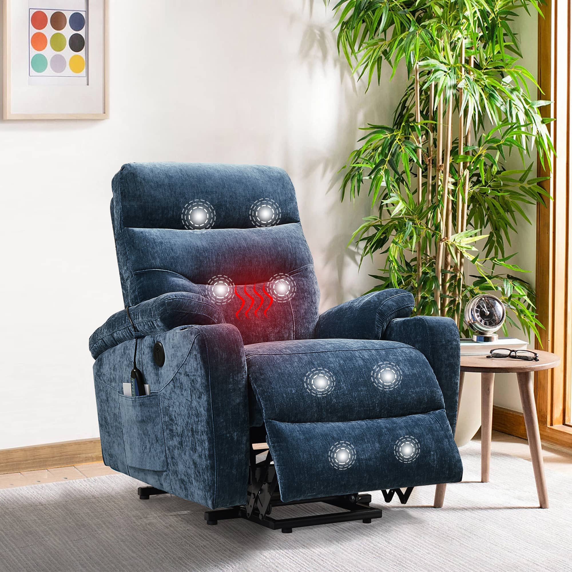 Blue Power Lift Chair Front Side Profile with Headrest and Footrest Raised Slightly and Massage Feature