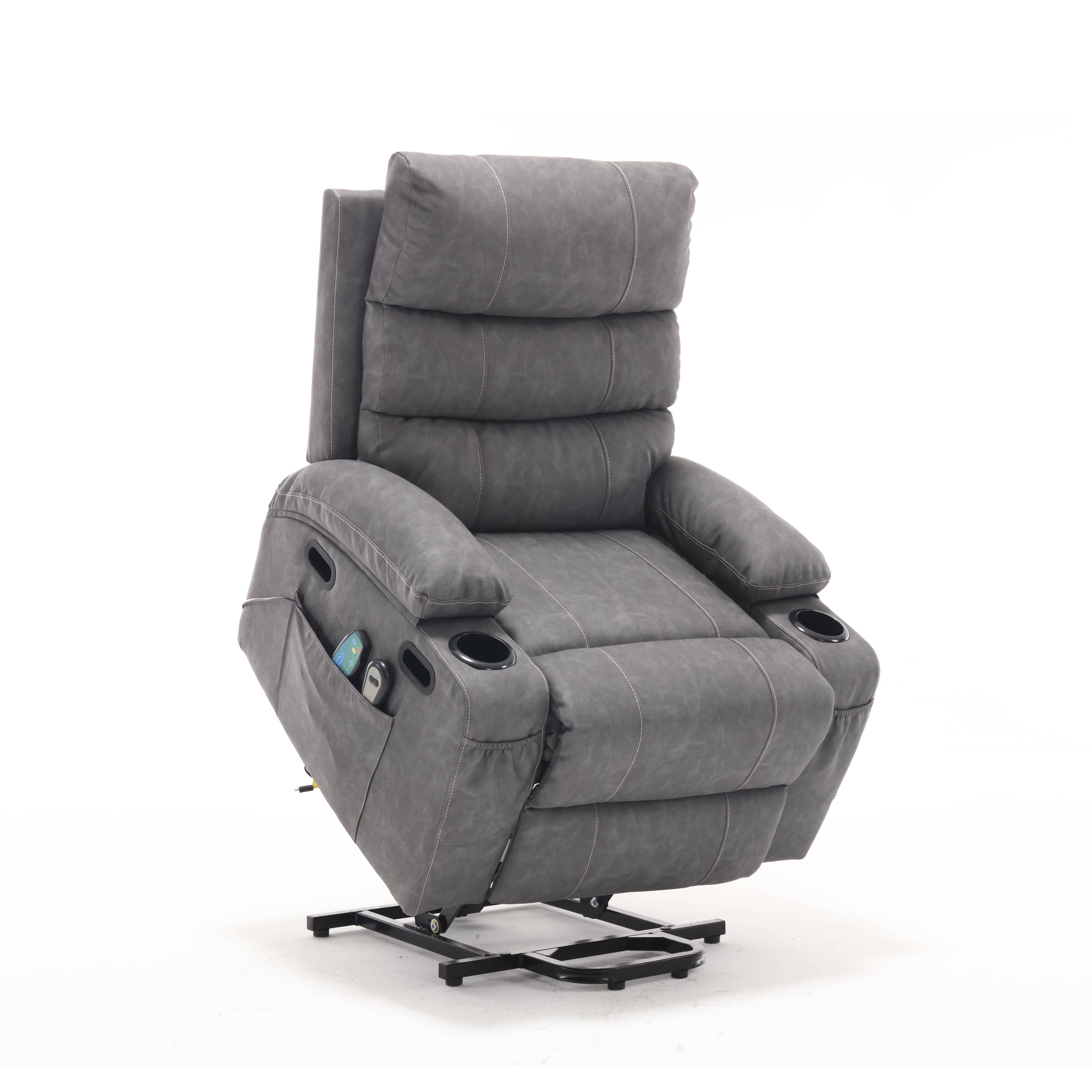 Overstuffed Large Power Lift Recliner with Massage and Heat, Gray, angle lifted