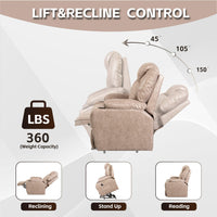 Beige Lift Chair Recliner with massage and heat, reclining angles