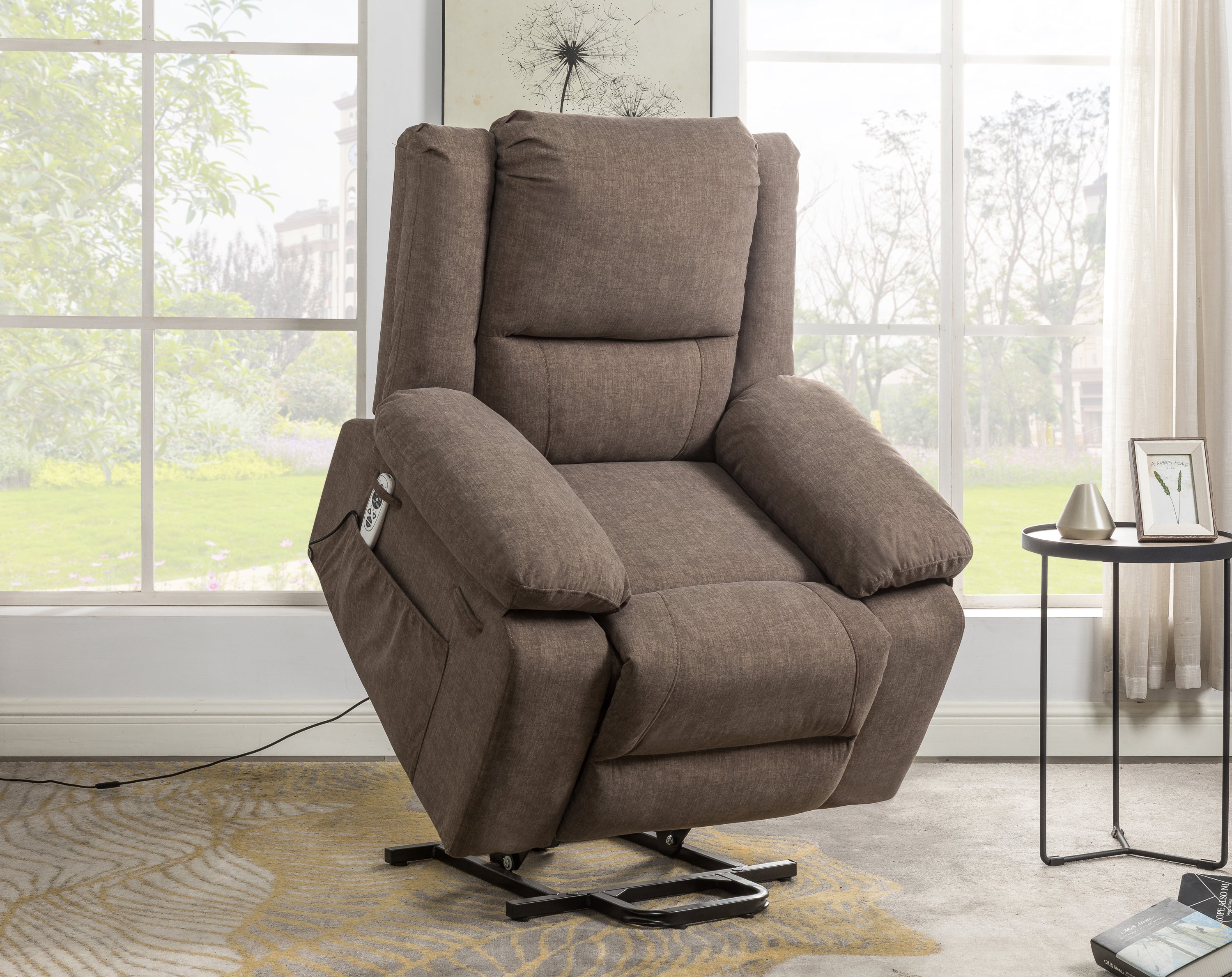Power Lift Recliner Chair With Massage and Lumbar Heat, Brown, lifted