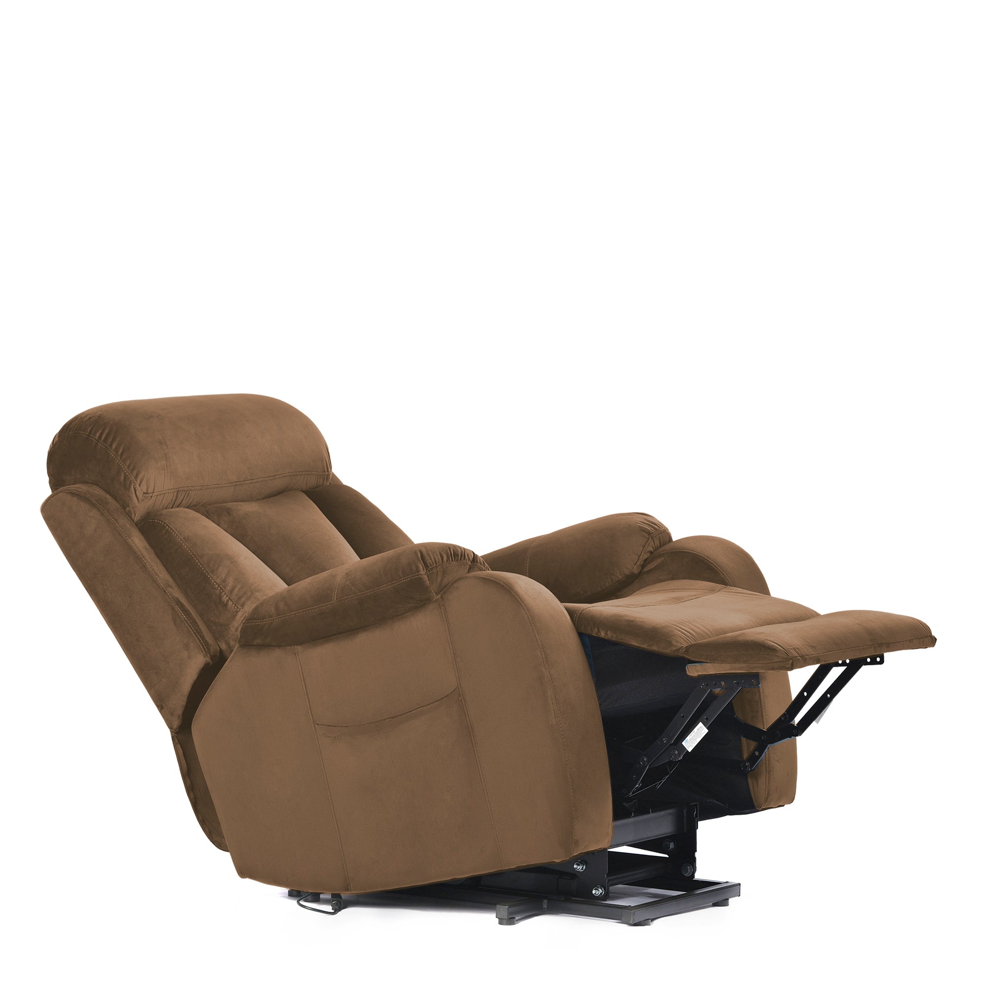 Brown Power Lift Chair Right Profile Headrest and Footrest Extended