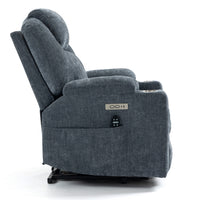 Blue Chenille Power Lift Recliner Chair, side view seated