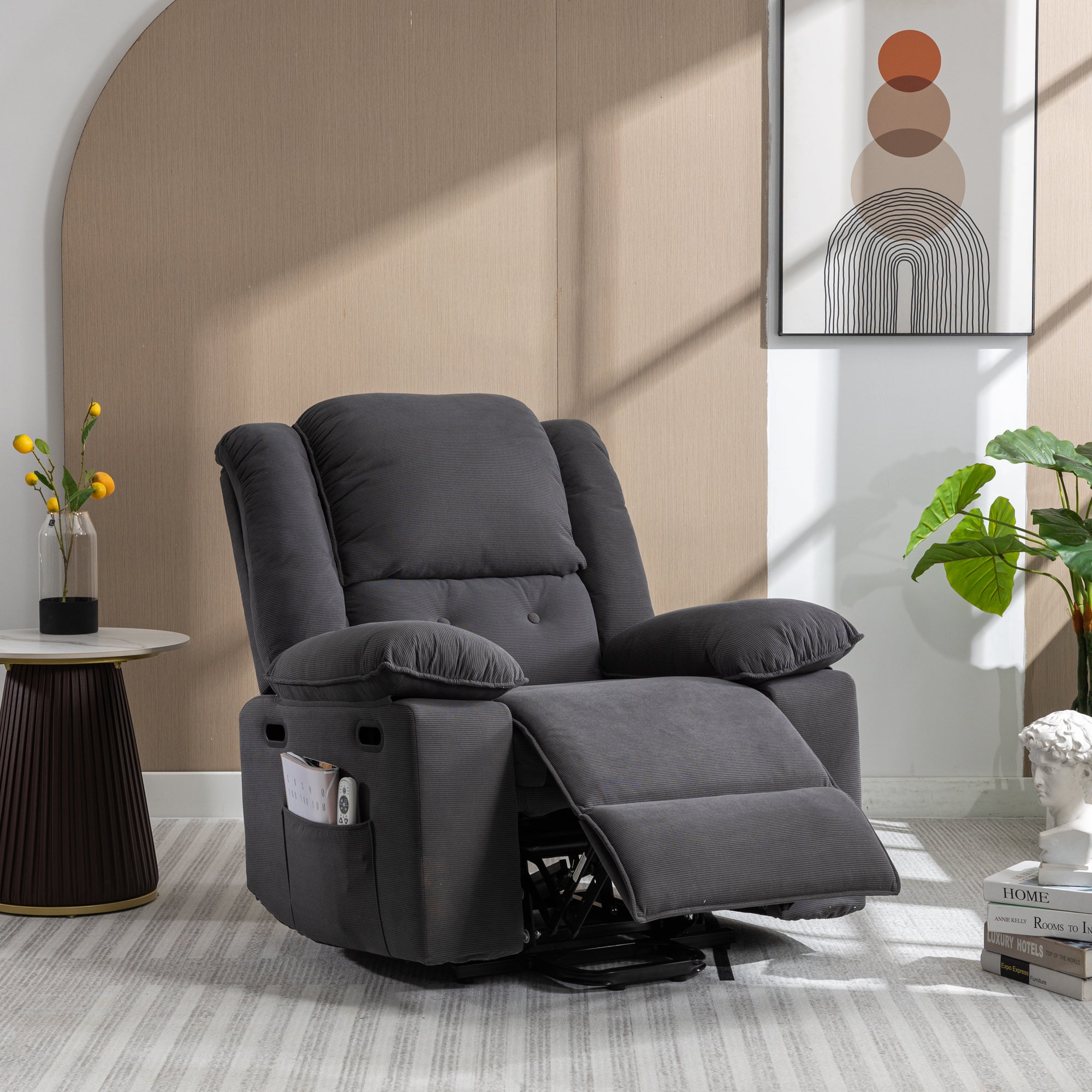 Gray Power Lift Chair Recliner, extended footrest