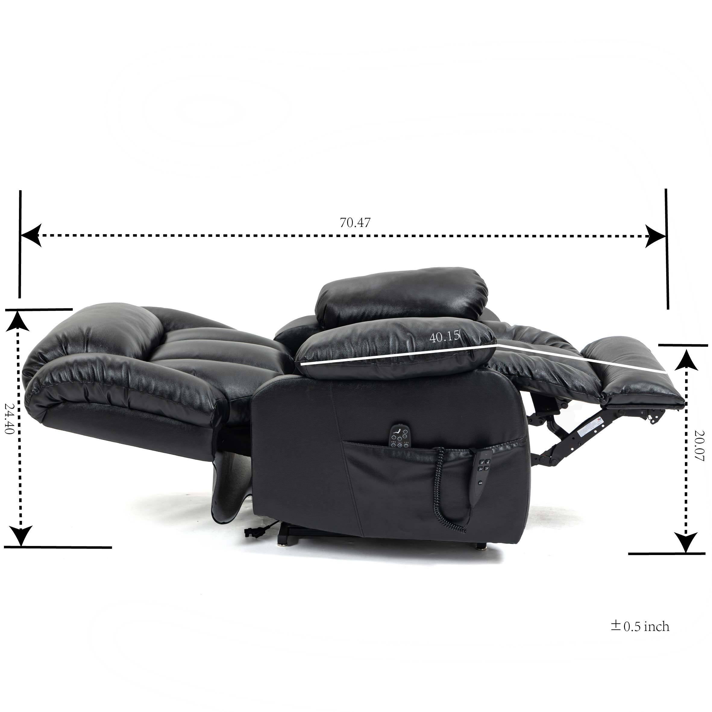 Black Leather Power Lift Recliner Chair, sleep position with measurements