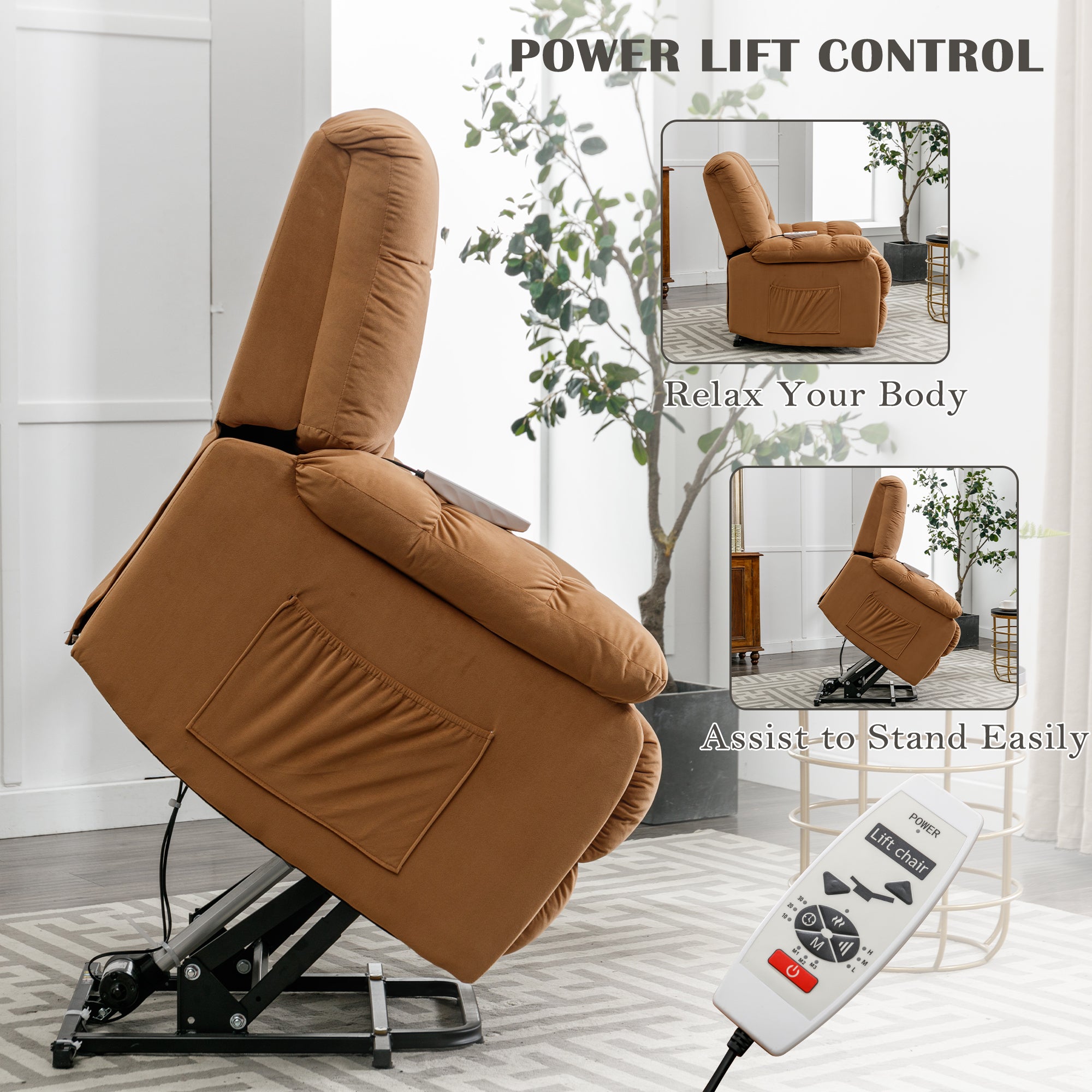 Light Brown Power Lift Chair Side Profile with Power Lift Remote
