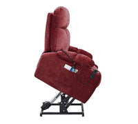 Red lift chair recliner with infinite positions, side view lifted