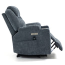 Blue Chenille Power Lift Recliner Chair, side view partially reclined