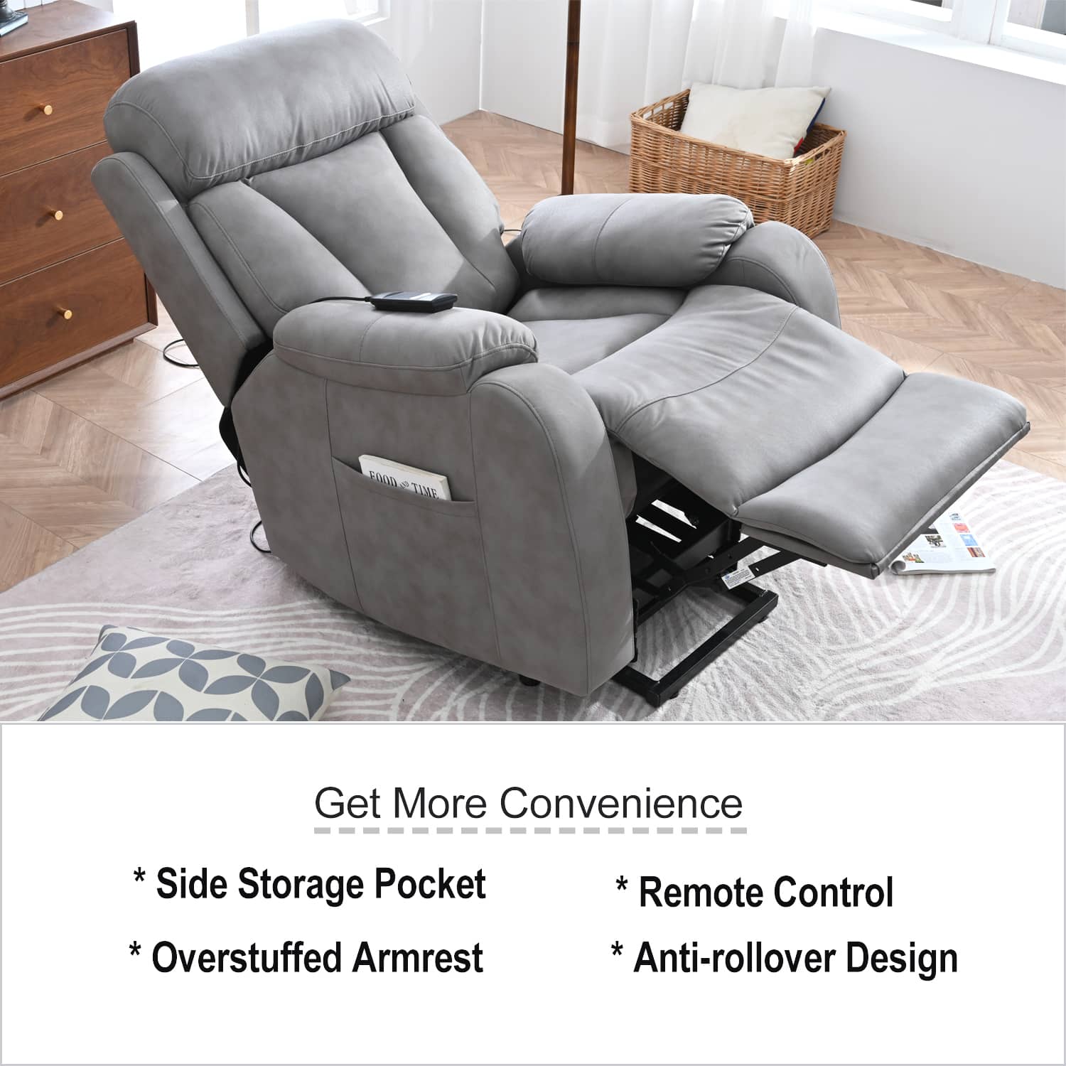 Light Gray Power Lift Chair Top Profile with Headrest and Footrest extended