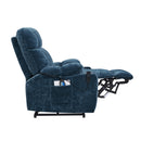 Blue infinite position sleep and lift recliner with heat massage, side view footrest extended