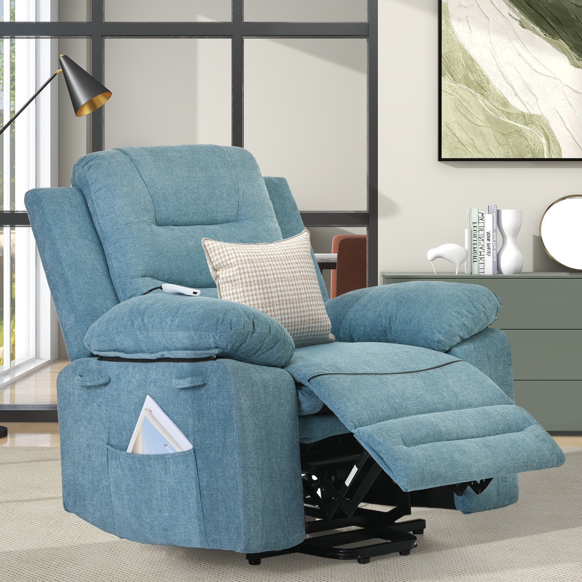 Blue Power Lift Chair Front Profile with Foot Extended