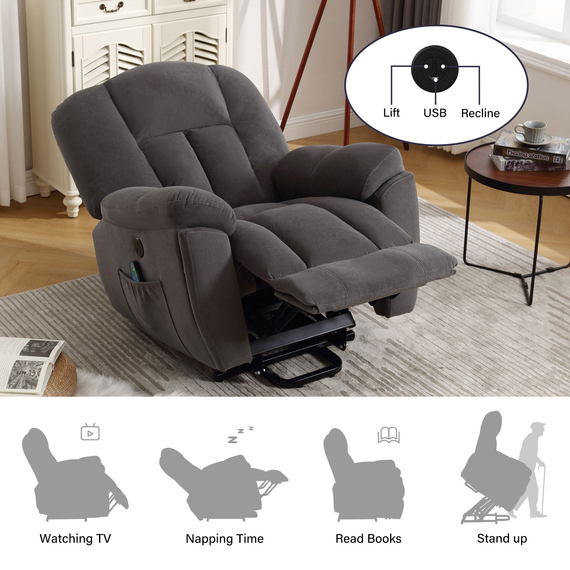 Infinite Position Power Lift Recliner with Heat and Massage, positions