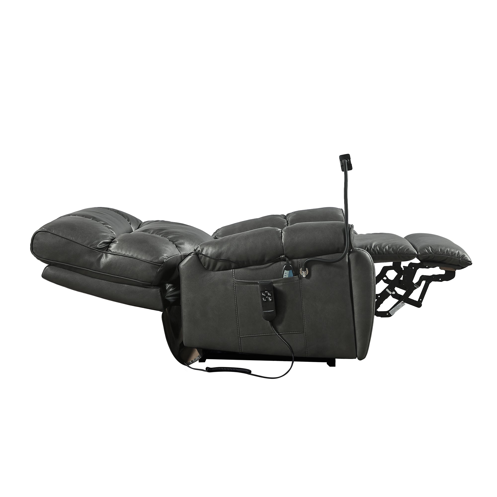 Gray Power Lift Chair Right Profile with Headrest and Footrest Extended