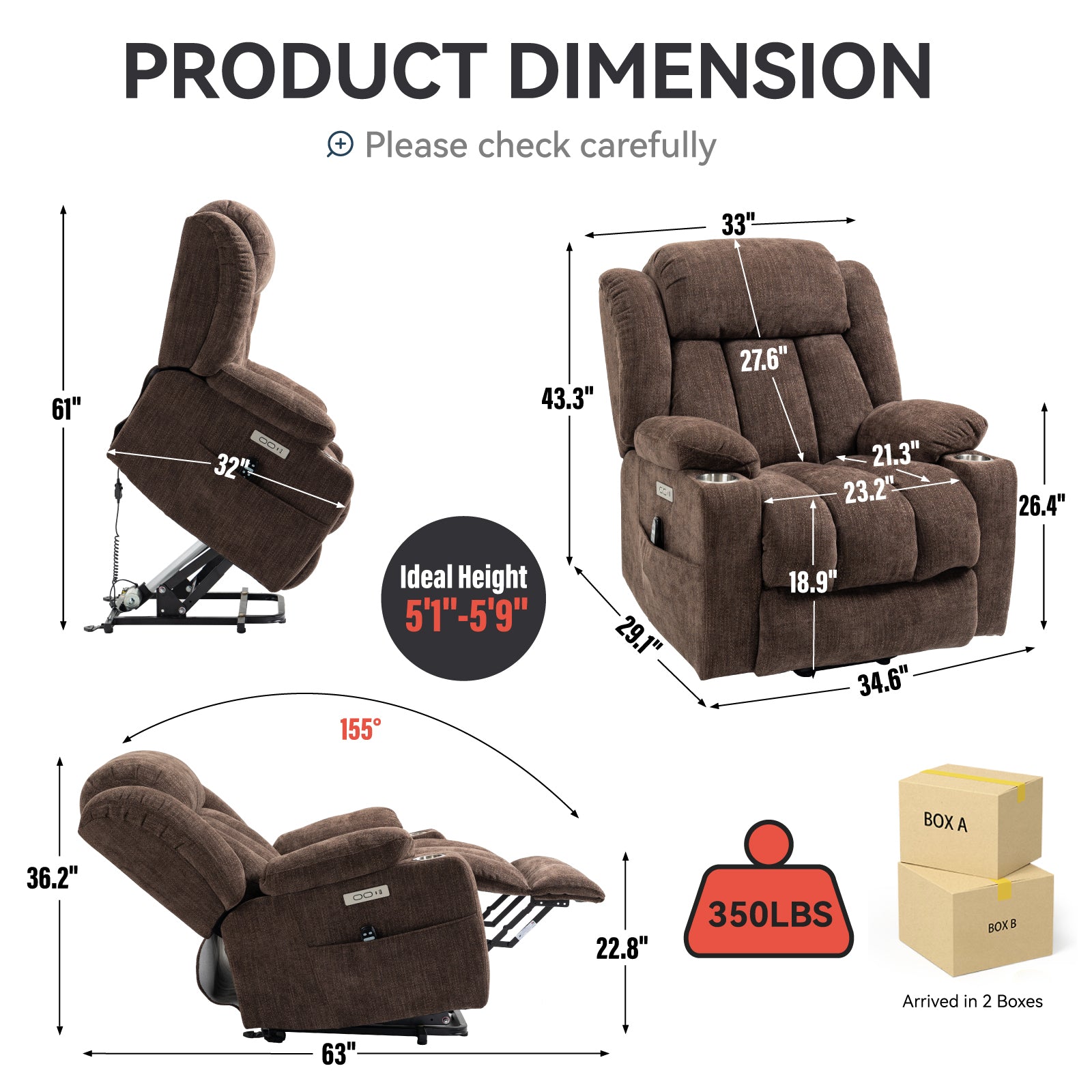 Brown Chenille Power Lift Recliner Chair, Heavy Duty Motion Mechanism with 8-Point Vibration Massage and Lumbar Heating, USB and Type-C Ports, Stainless Steel Cup Holders