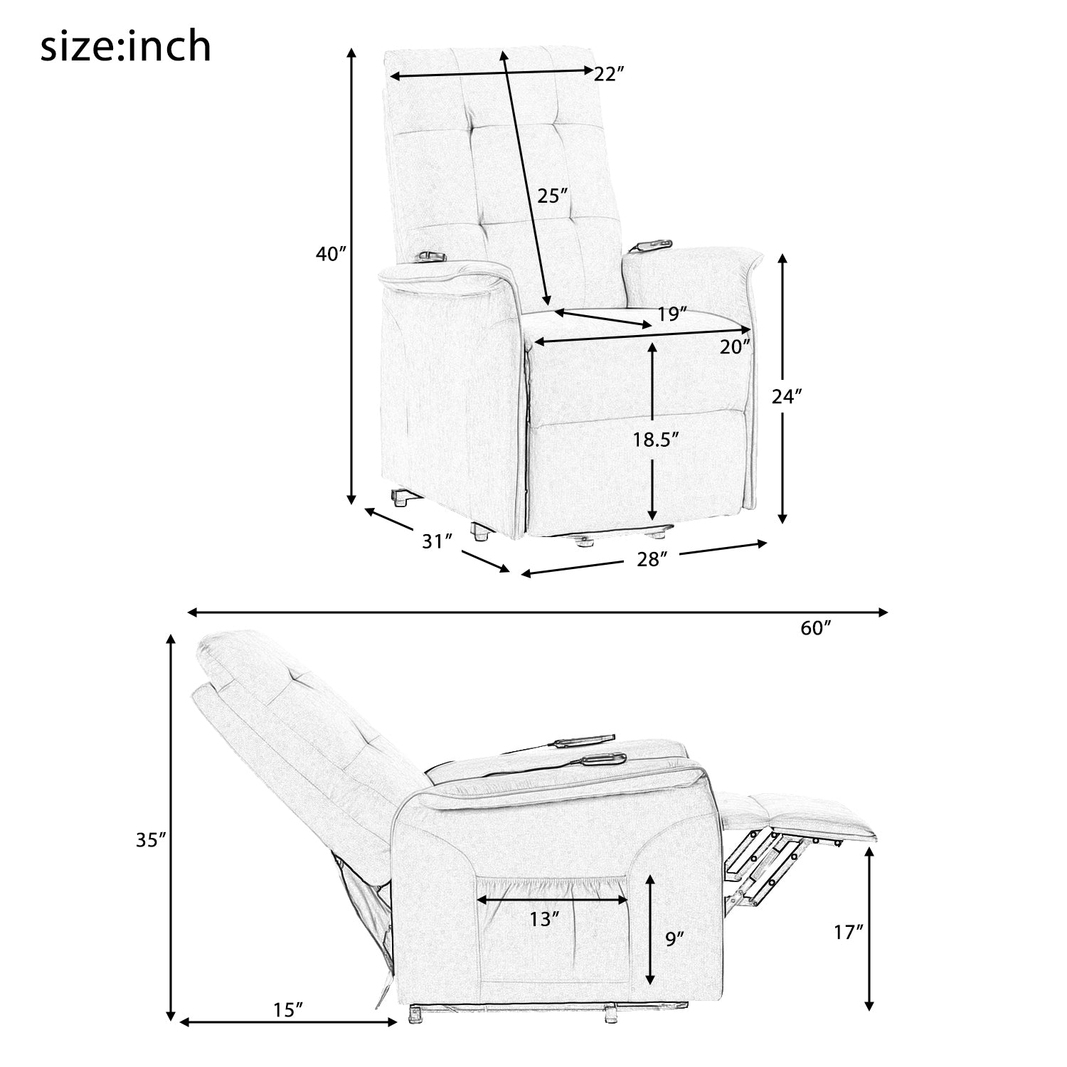 Light Gray Power Lift Chair Measurements