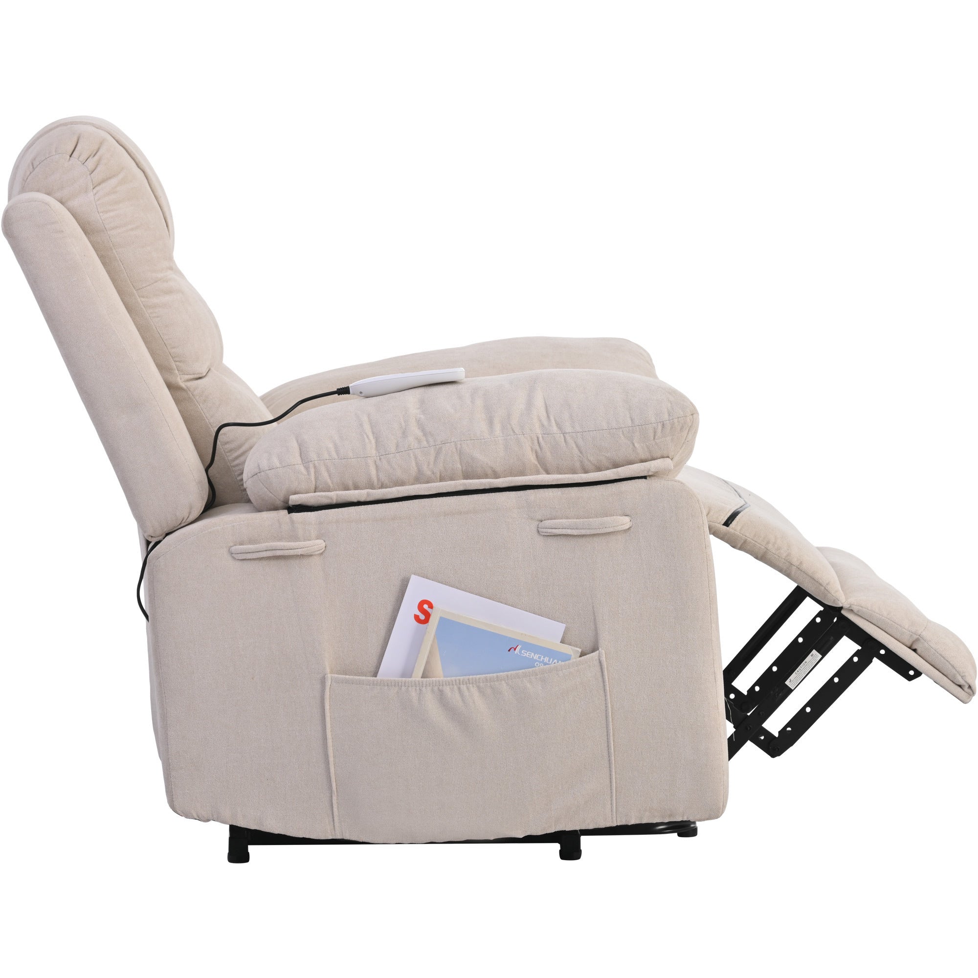 Beige Power Lift Chair Right Profile with Footrest Slightly Extended