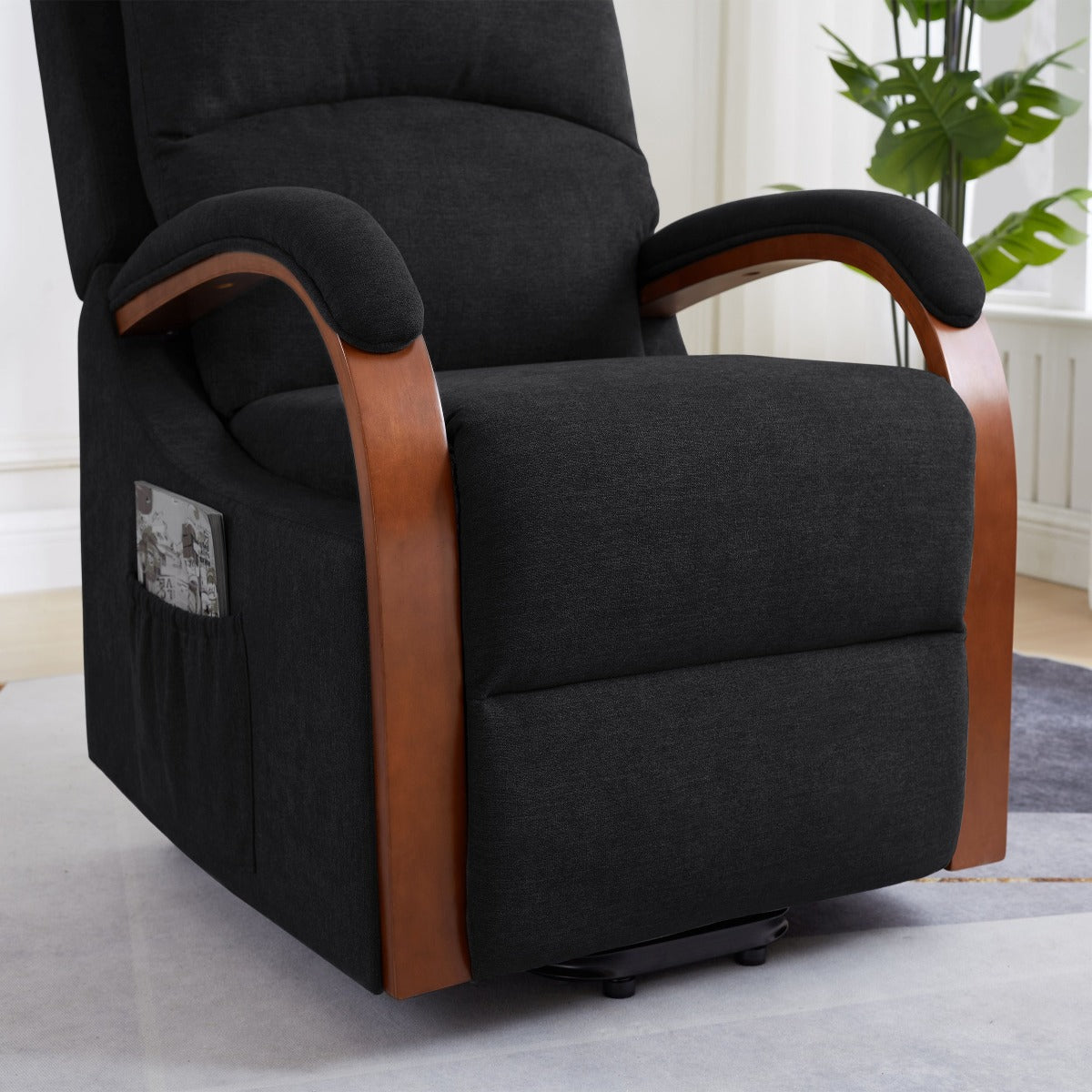 Power Lift Recliner Message Chair Soft Charcoal colored Fabric close up view